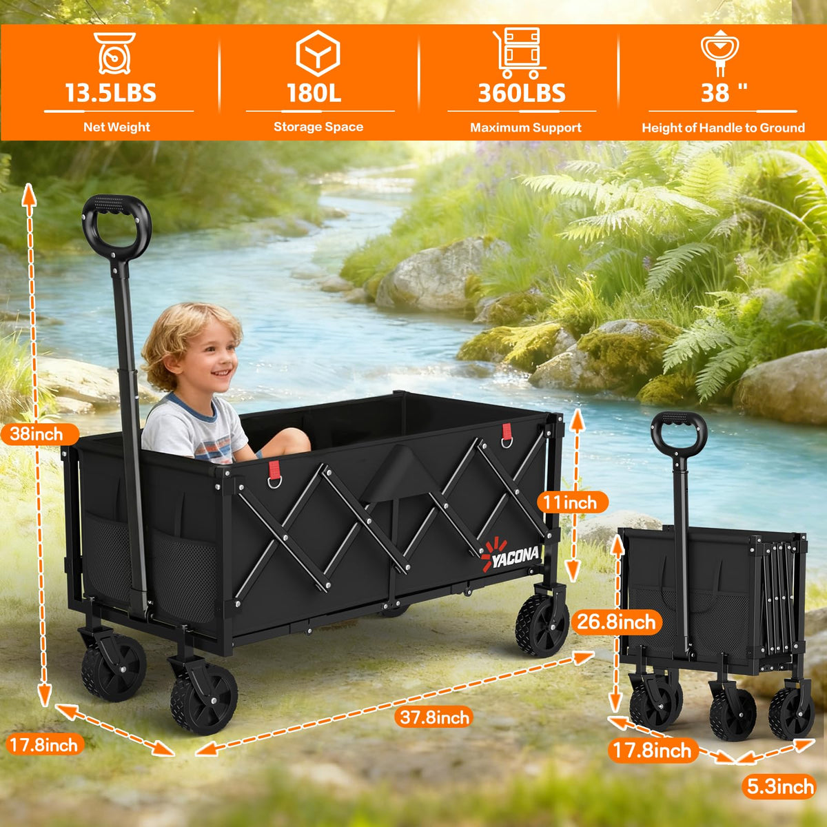 35" Extra Long Foldable Wagon Cart with Wheels M1858