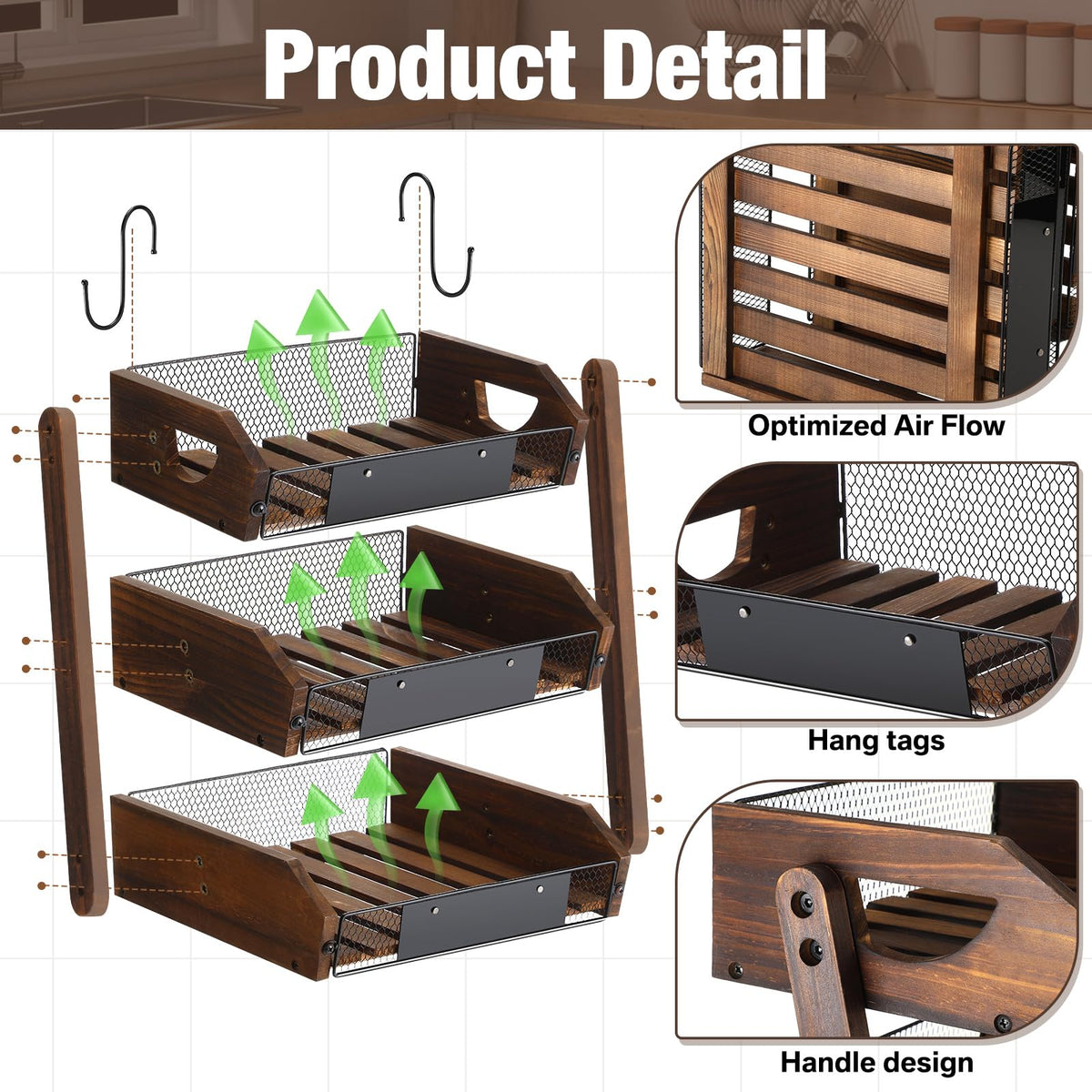 3 Tier Wooden Fruit Basket with Banana Hangers E9907