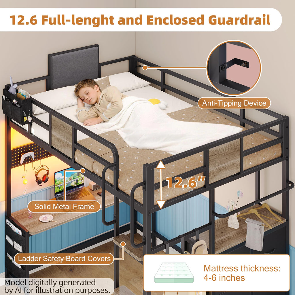 Twin Loft Bed with Storage and 6 Drawers J2655