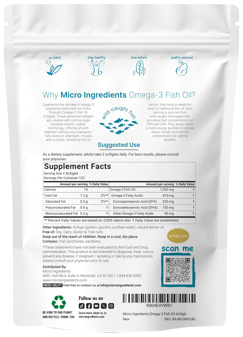 Omega 3 Fish Oil 1,200mg 240 Softgels Lemon Flavored Burpless EPA DHA T887