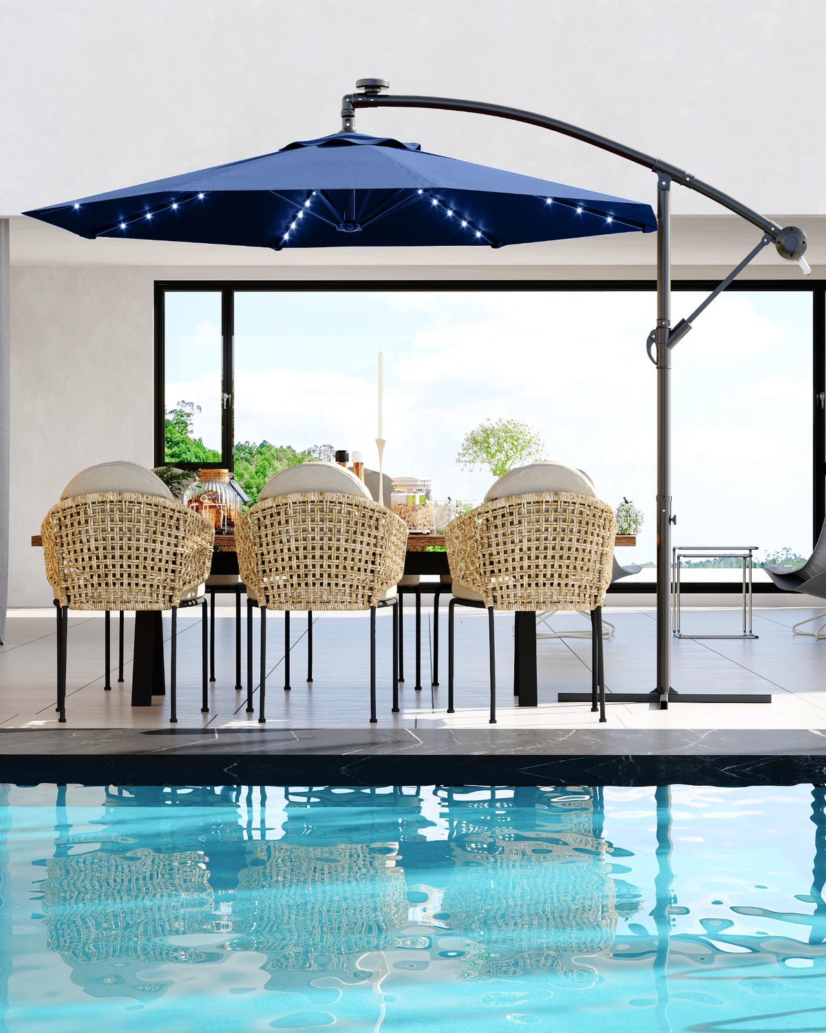 10 ft Navy Blue Cantilever Umbrella with Solar Lights I4929