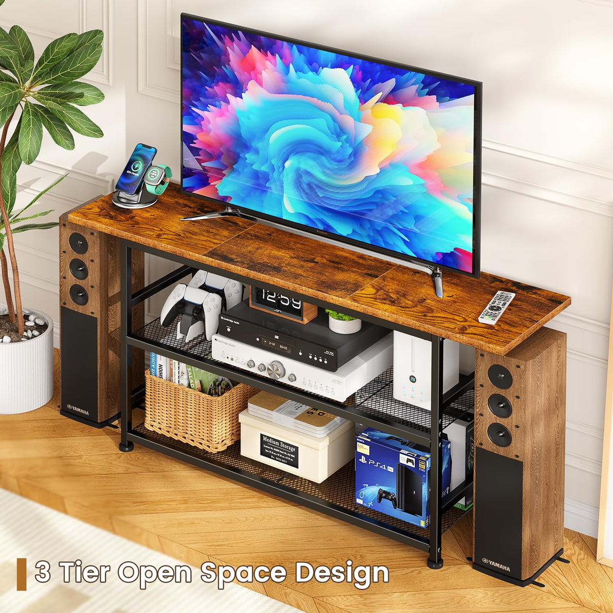 Rustic Brown TV Stand up to 55 Inch with 3 Tier Storage Shelves Z940