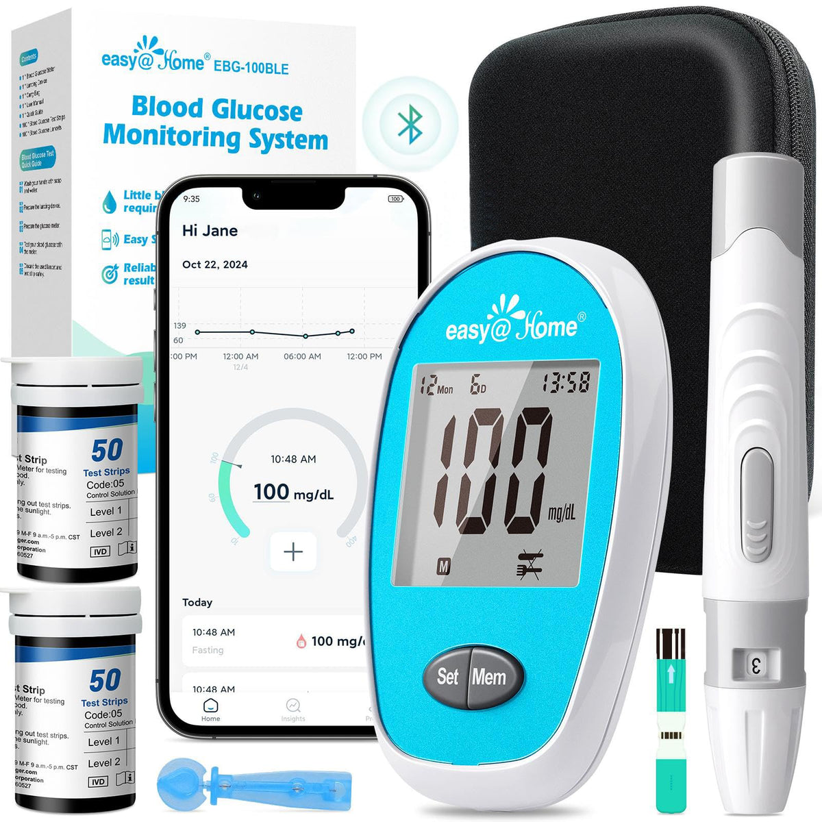 Wireless Glucose Monitor Kit, 100-Strip Blood Sugar Testing Kit Z5560