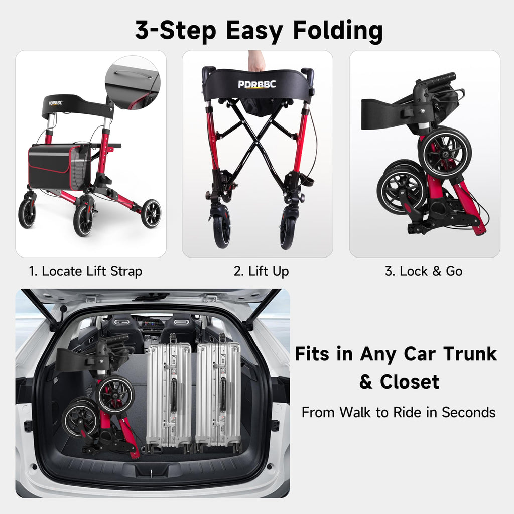 Red Foldable Lightweight Aluminum Rollator Walker with Seat and Brakes N402