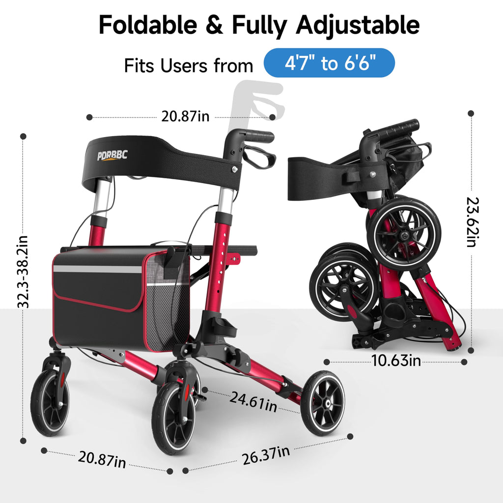Red Foldable Lightweight Aluminum Rollator Walker with Seat and Brakes N402