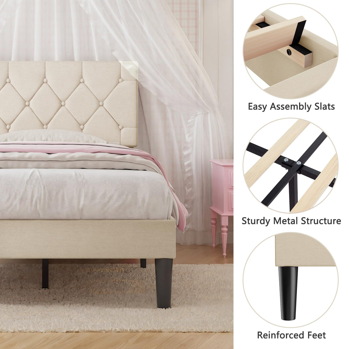 Twin Bed Frame with Upholstered Tufted Headboard, Beige C791