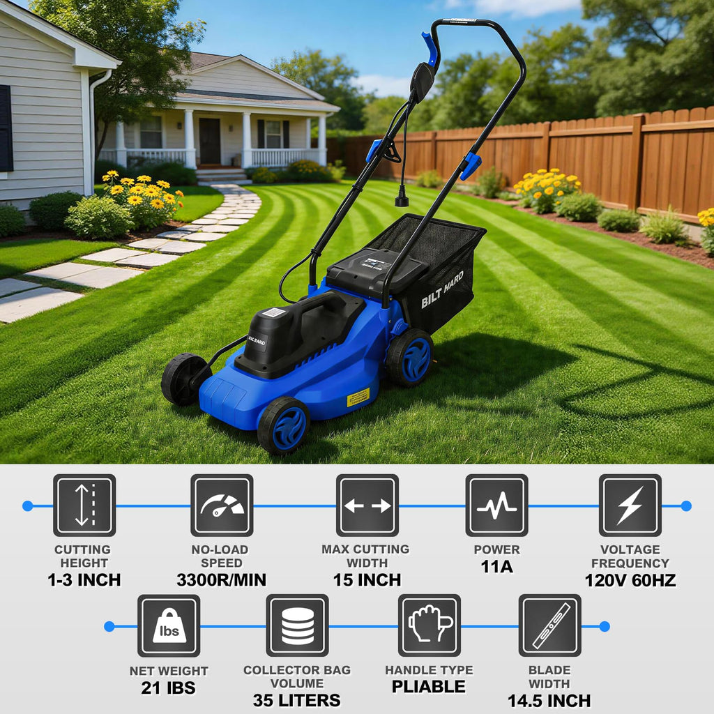 15" Corded Electric Push Mower with 35L Grass Bag N12884