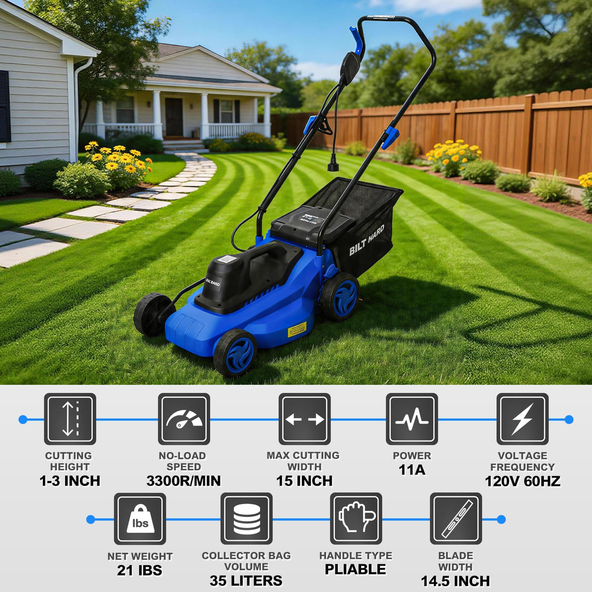 15" Corded Electric Push Mower with 35L Grass Bag N12884