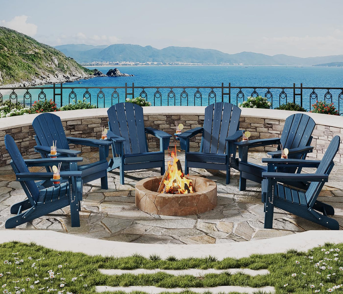 Navy Blue HDPE Folding Adirondack Chair Set of 6 with Cup Holder W498086