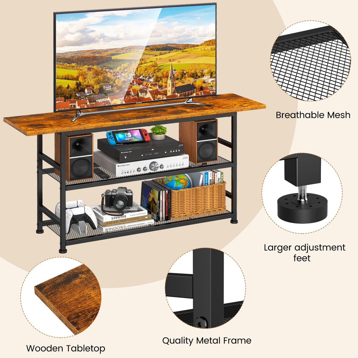 Rustic Brown TV Stand up to 55 Inch with 3 Tier Storage Shelves Z940