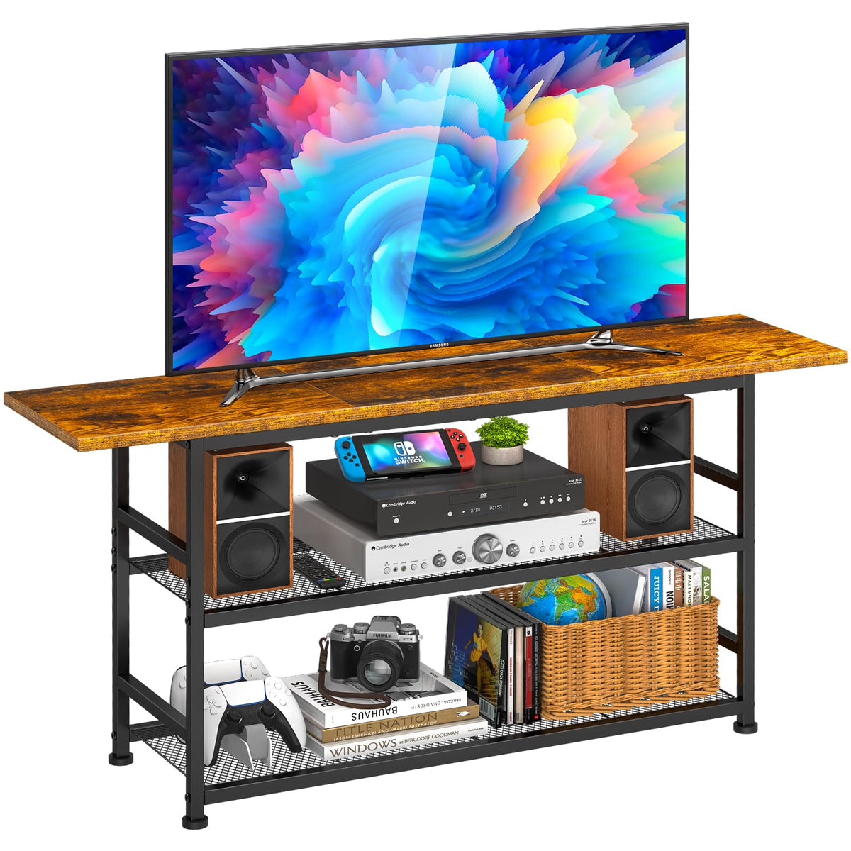 Rustic Brown TV Stand up to 55 Inch with 3 Tier Storage Shelves Z940