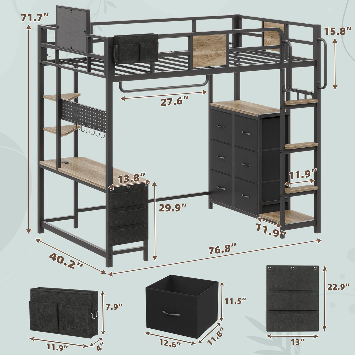 Twin Loft Bed with Storage and 6 Drawers J2655