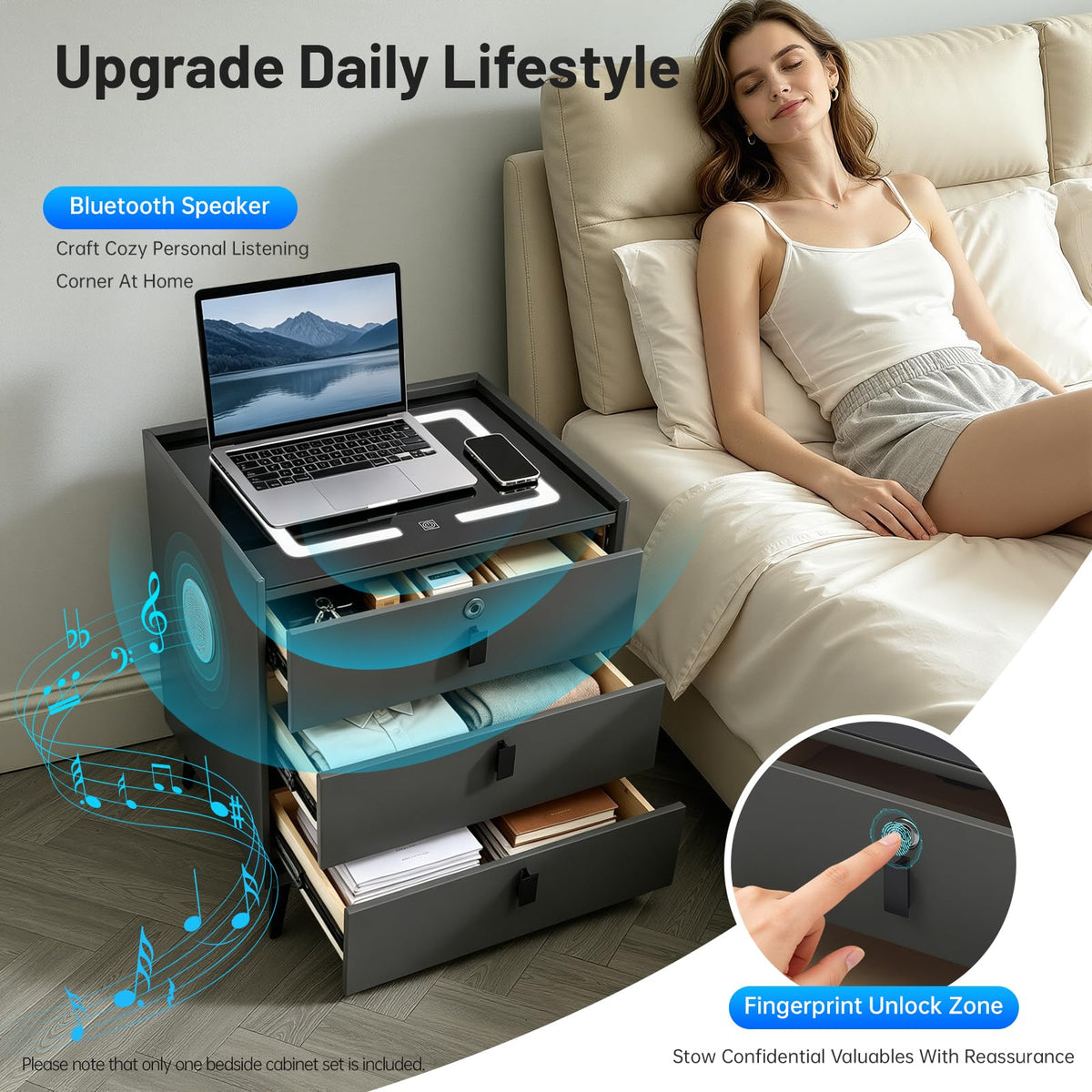 Solid Wood Nightstand with Charging Station F558