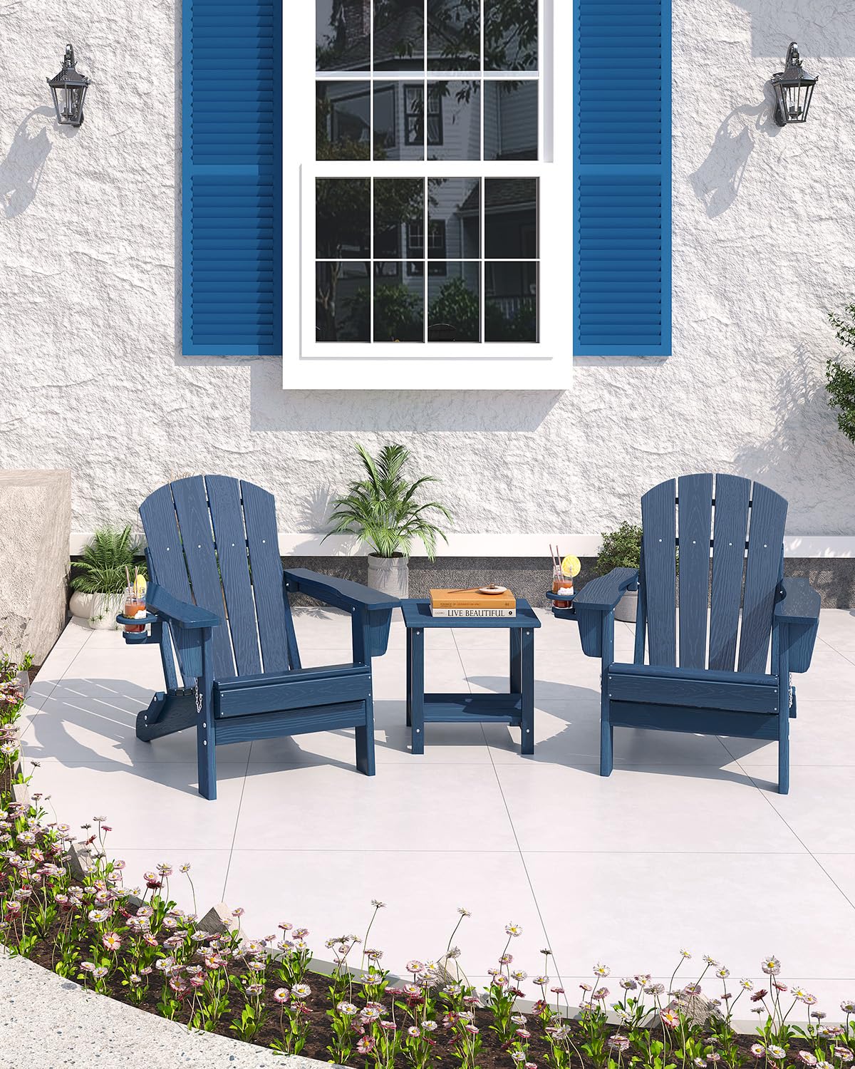 Navy Blue HDPE Folding Adirondack Chair Set of 6 with Cup Holder W498086