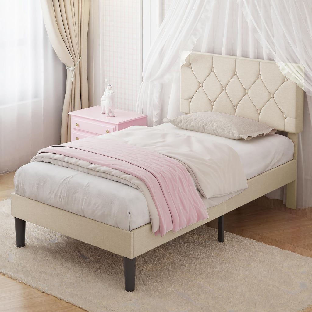 Twin Bed Frame with Upholstered Tufted Headboard, Beige C791