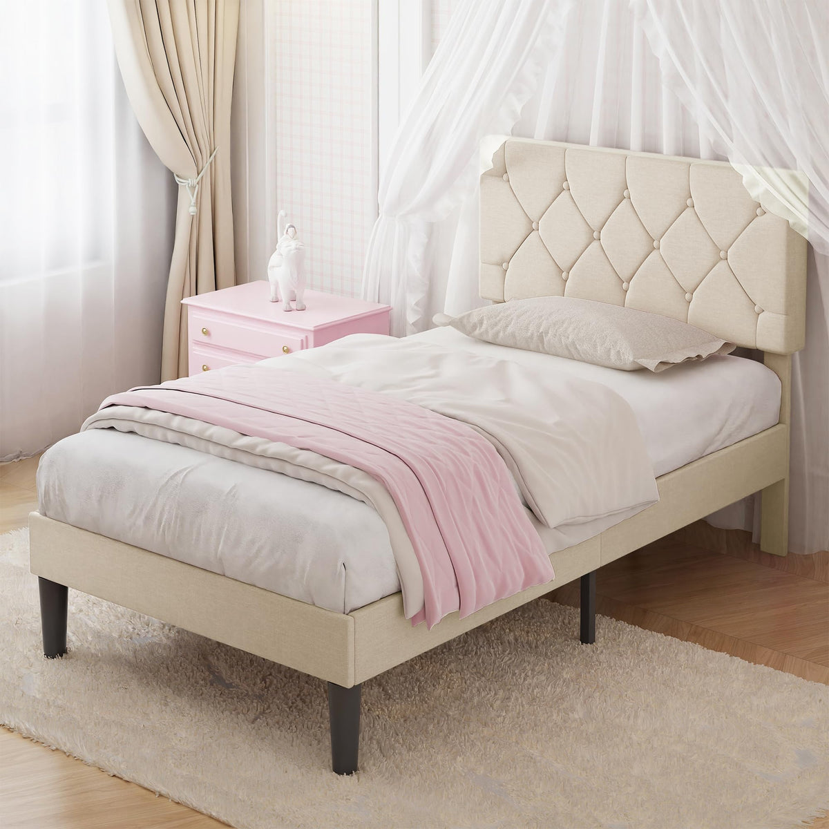 Twin Bed Frame with Upholstered Tufted Headboard, Beige C791
