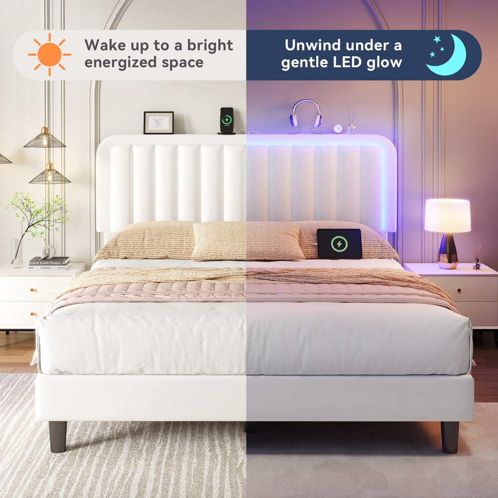 White Velvet Upholstered Full Size Platform Bed Frame with Charging Station O951