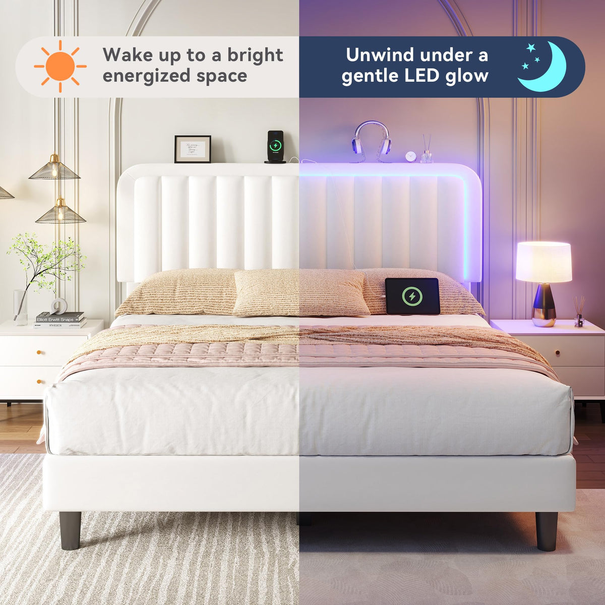 White Velvet Upholstered Full Size Platform Bed Frame with Charging Station O951