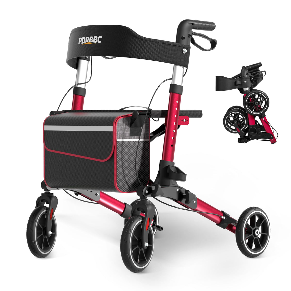 Red Foldable Lightweight Aluminum Rollator Walker with Seat and Brakes N402