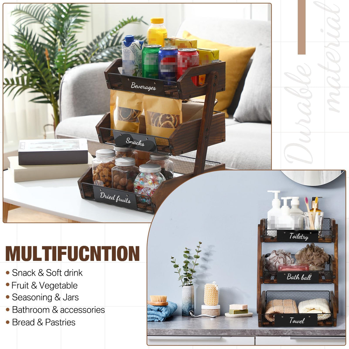 3 Tier Wooden Fruit Basket with Banana Hangers E9907