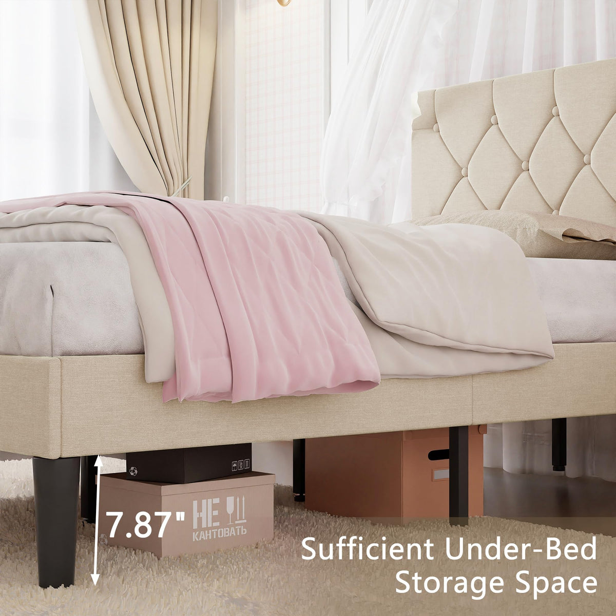 Twin Bed Frame with Upholstered Tufted Headboard, Beige C791