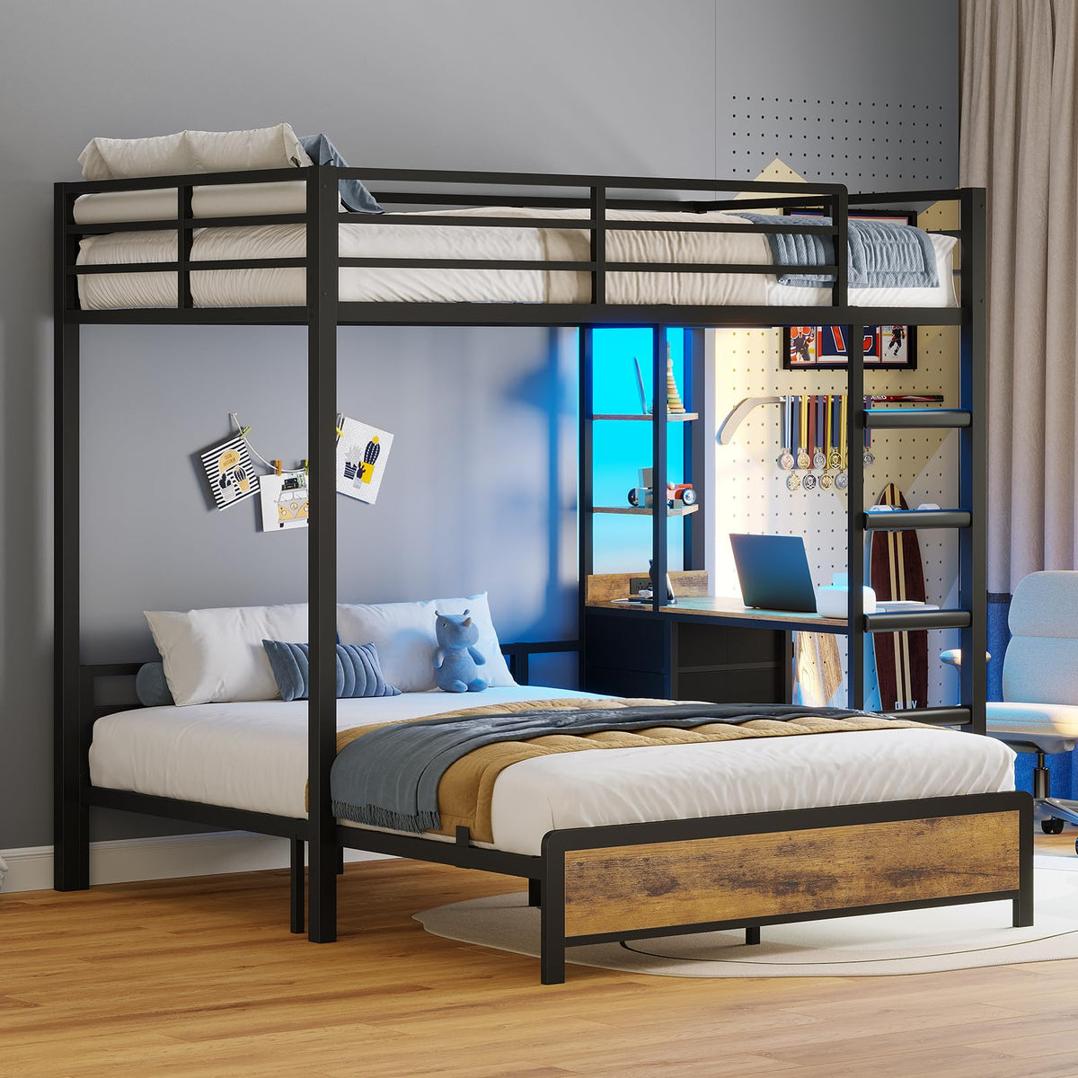 Twin Over Full Bunk Bed with Desk & 4 Storage Drawers, Black N87204