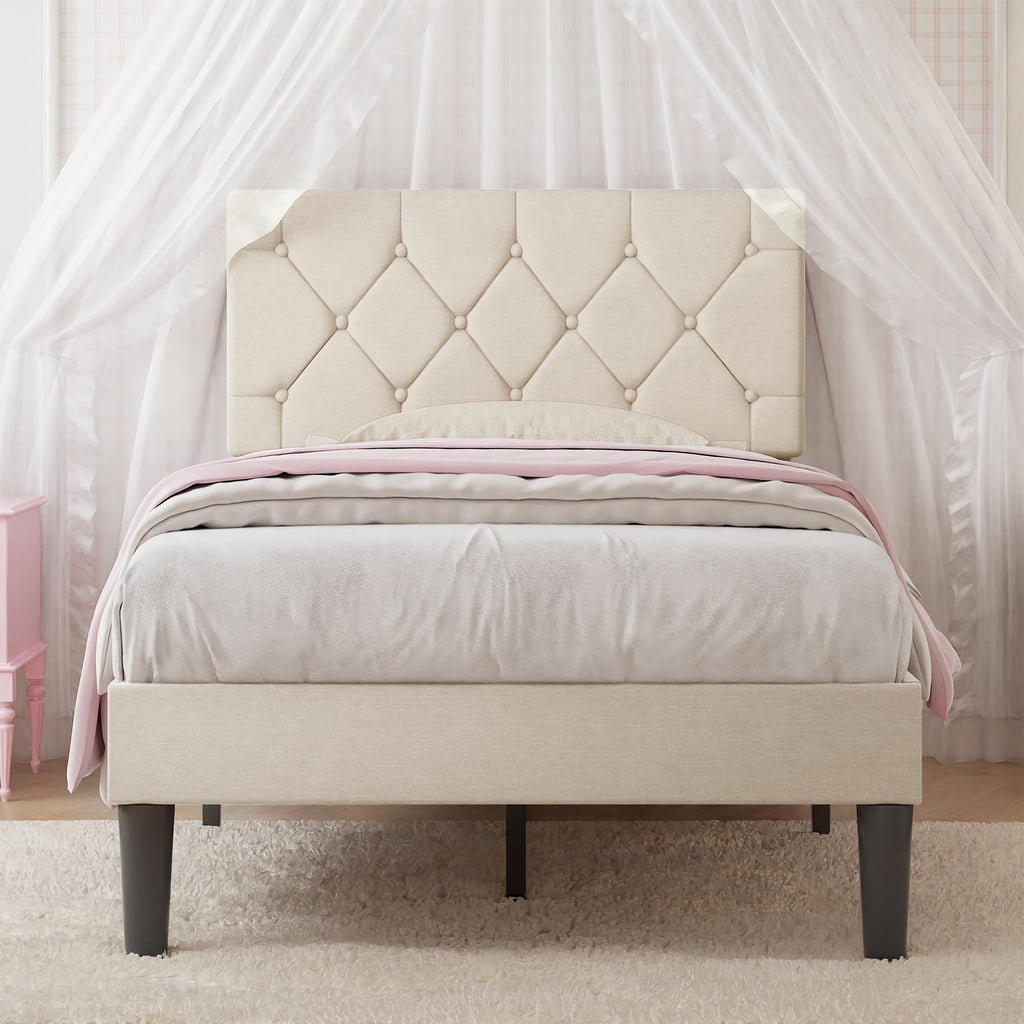 Twin Bed Frame with Upholstered Tufted Headboard, Beige C791