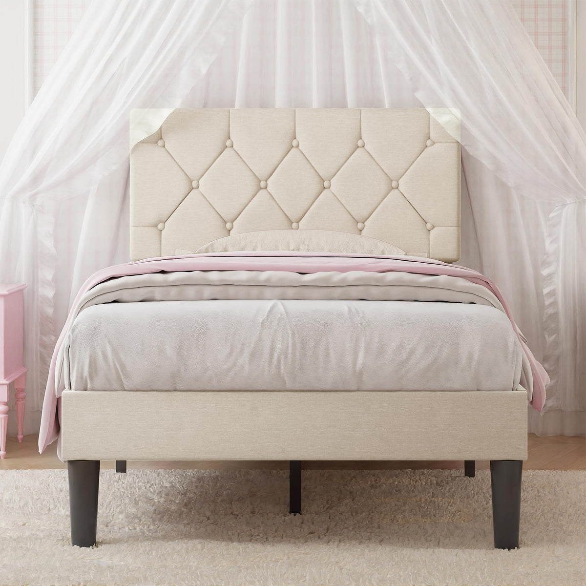 Twin Bed Frame with Upholstered Tufted Headboard, Beige C791