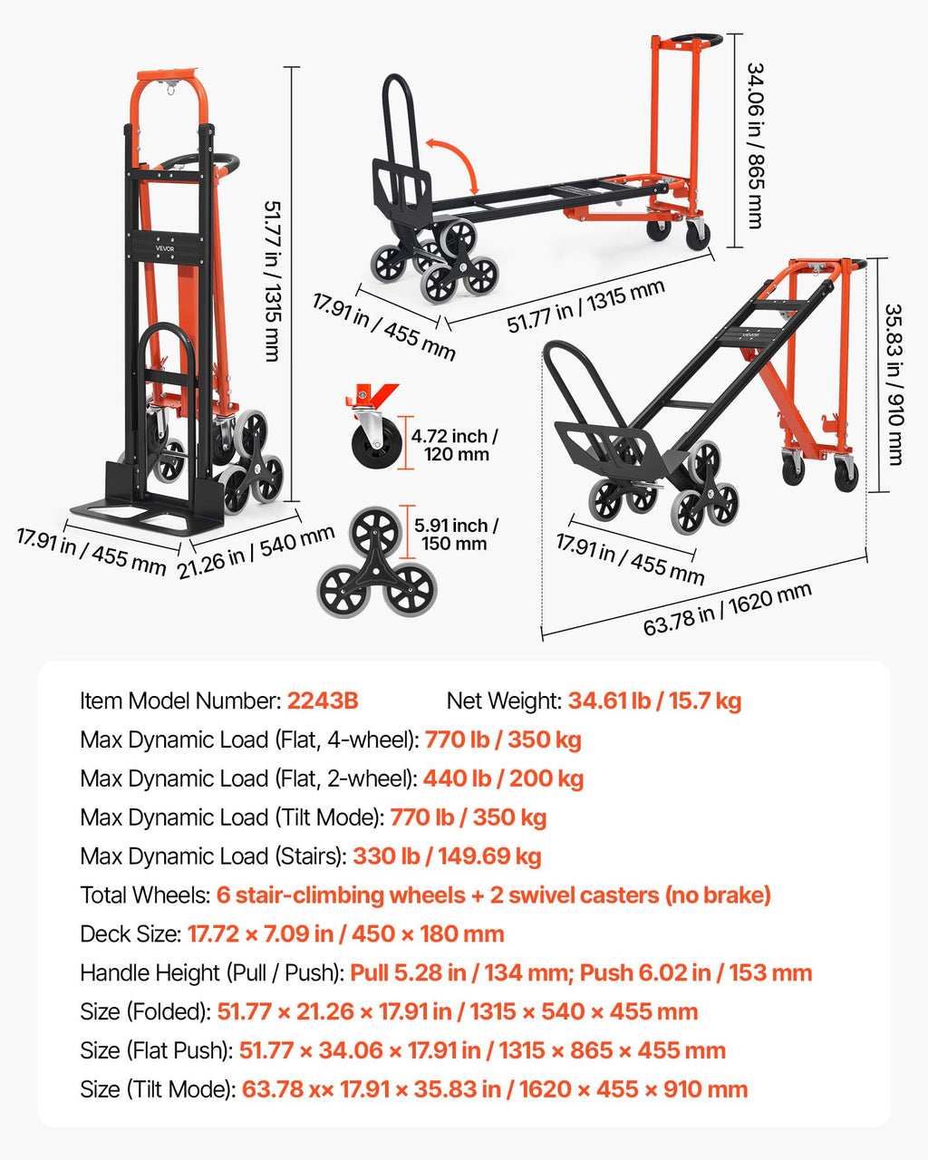 3 in 1 Convertible Stair Climbing Cart 770 lbs Folding Hand Truck Dolly E37664