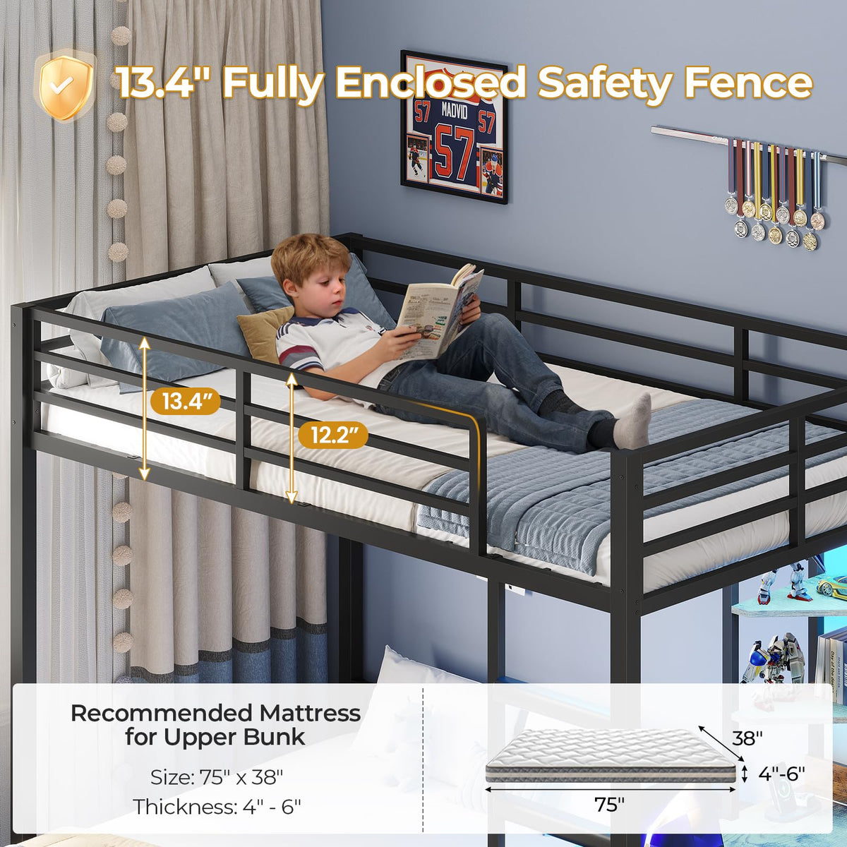 Twin Over Full Bunk Bed with Desk & 4 Storage Drawers, Black N87204