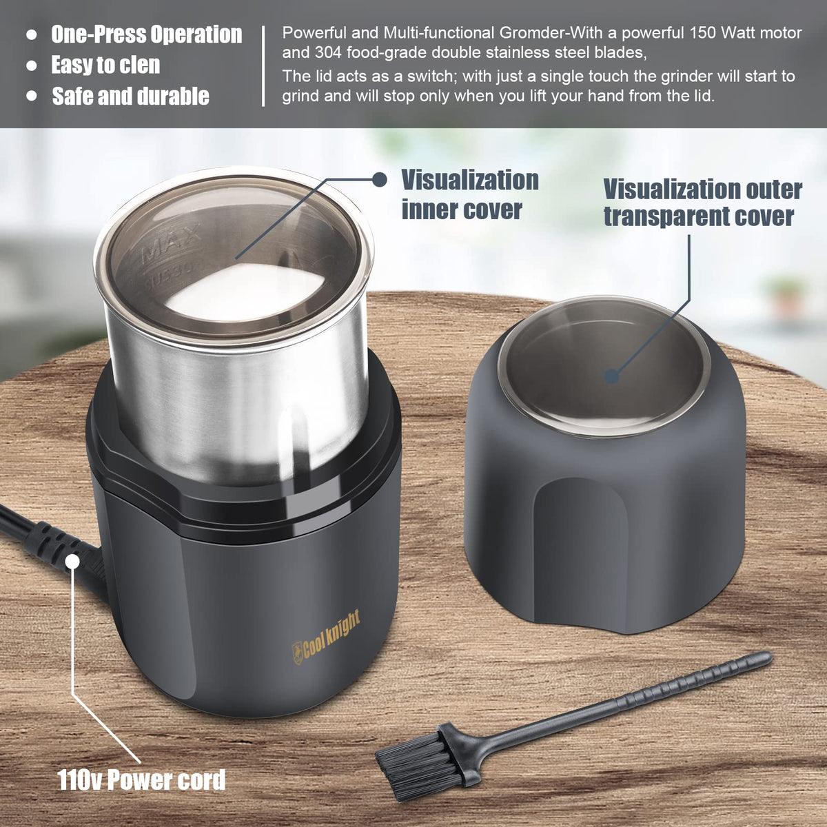 Electric Herb Grinder with Pollen Catcher 7.5" Grey T8497