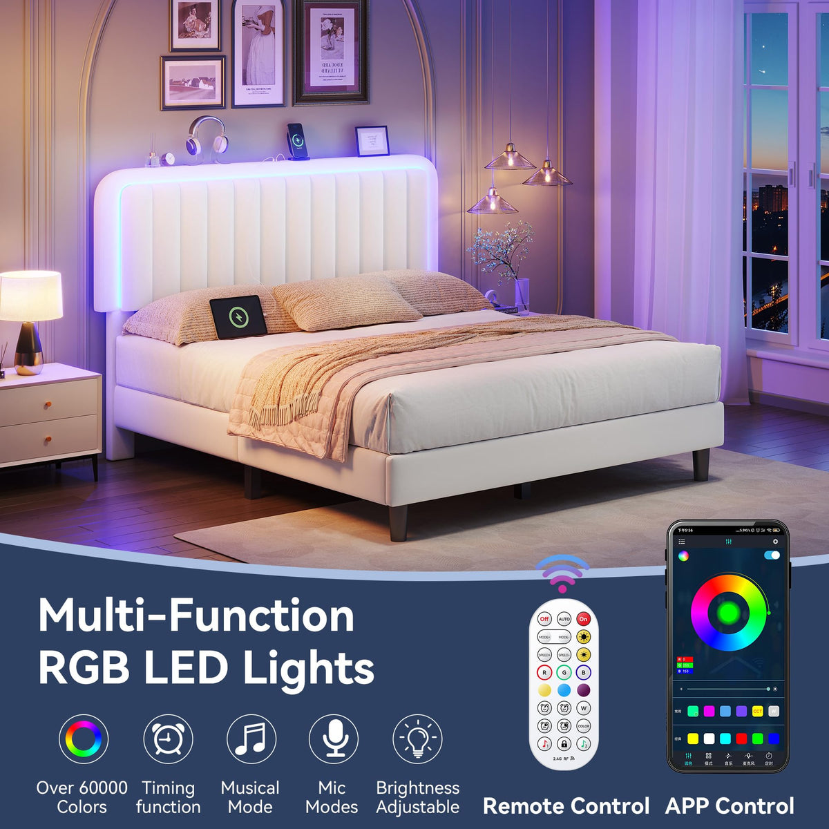 White Velvet Upholstered Full Size Platform Bed Frame with Charging Station O951