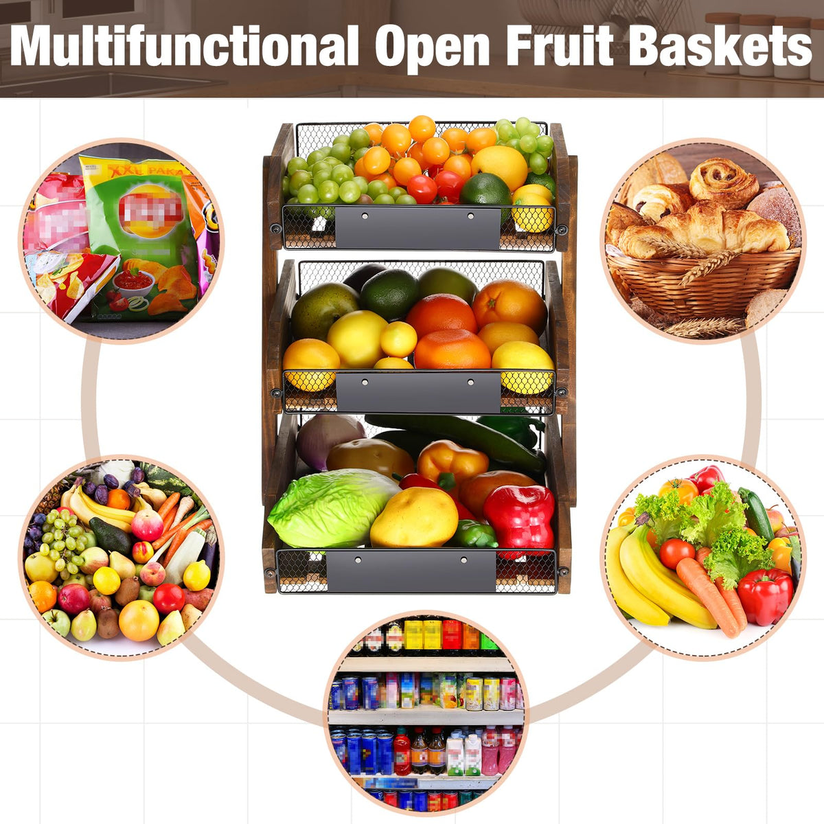 3 Tier Wooden Fruit Basket with Banana Hangers E9907