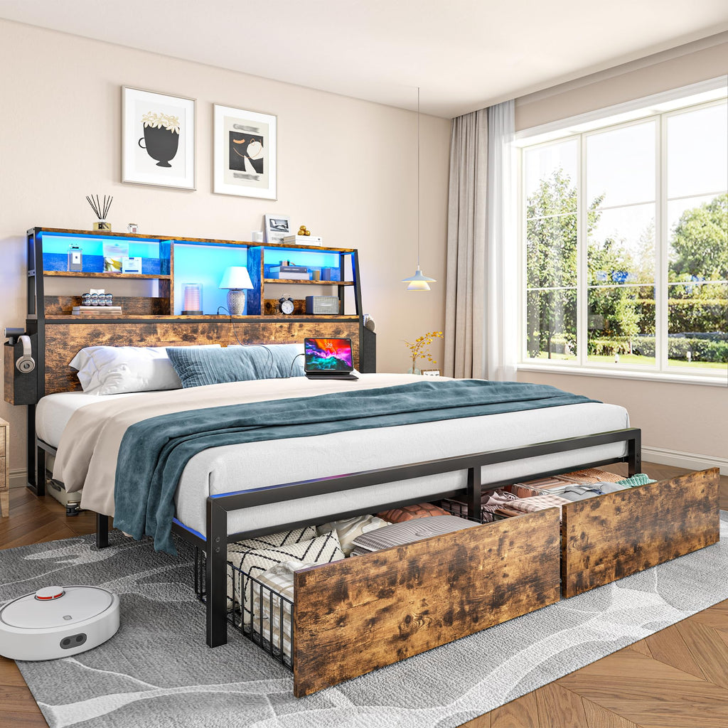 Queen Bed Frame with Storage Headboard and 2 Drawers G9653