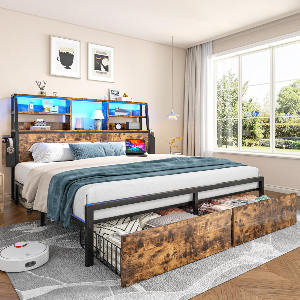Queen Bed Frame with Storage Headboard and 2 Drawers G9653