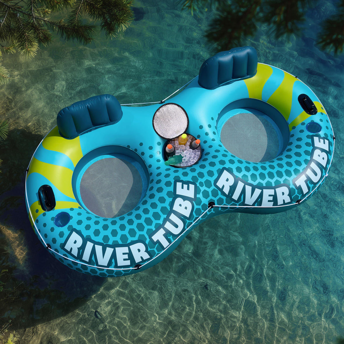2-Person Inflatable River Tube with 2 Cup Holders & Removable Cooler X386