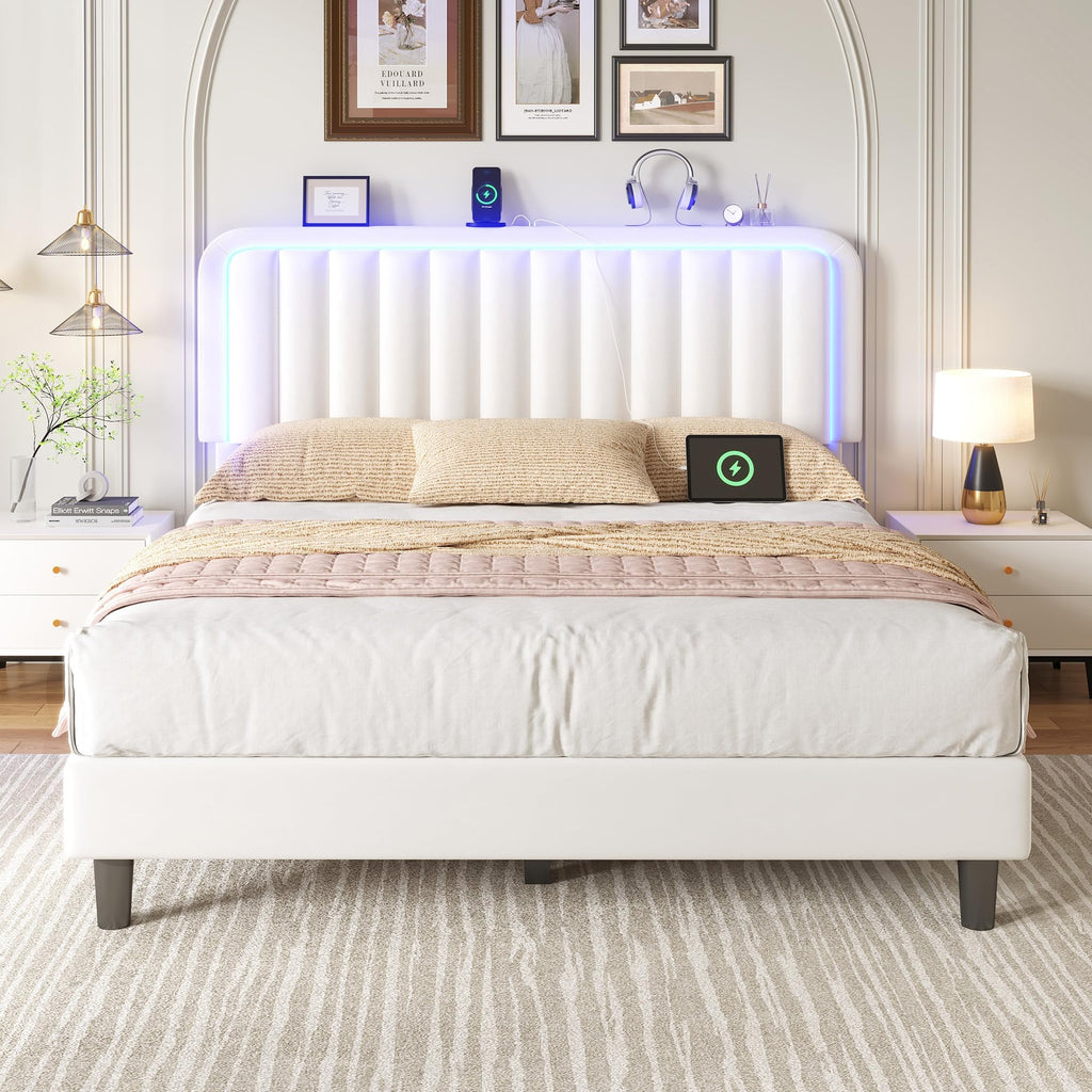 White Velvet Upholstered Full Size Platform Bed Frame with Charging Station O951