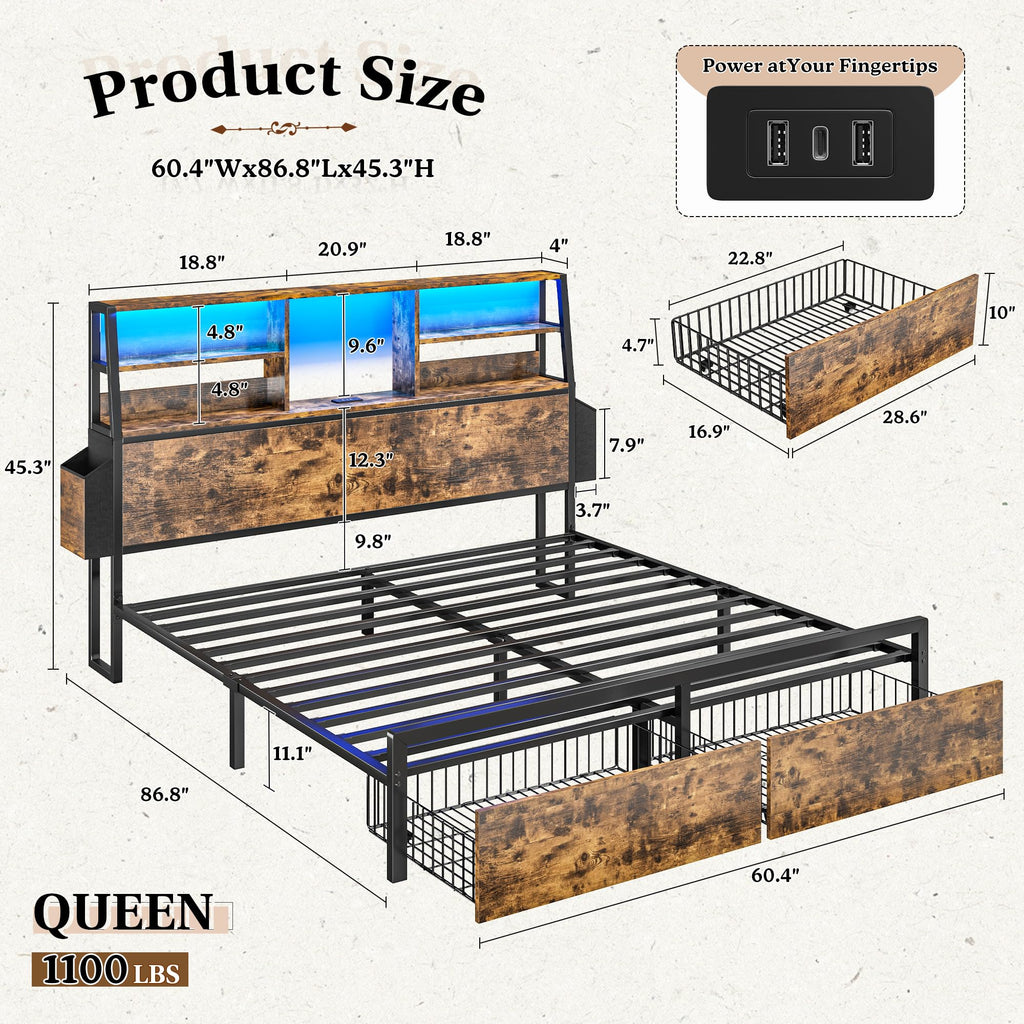Queen Bed Frame with Storage Headboard and 2 Drawers G9653