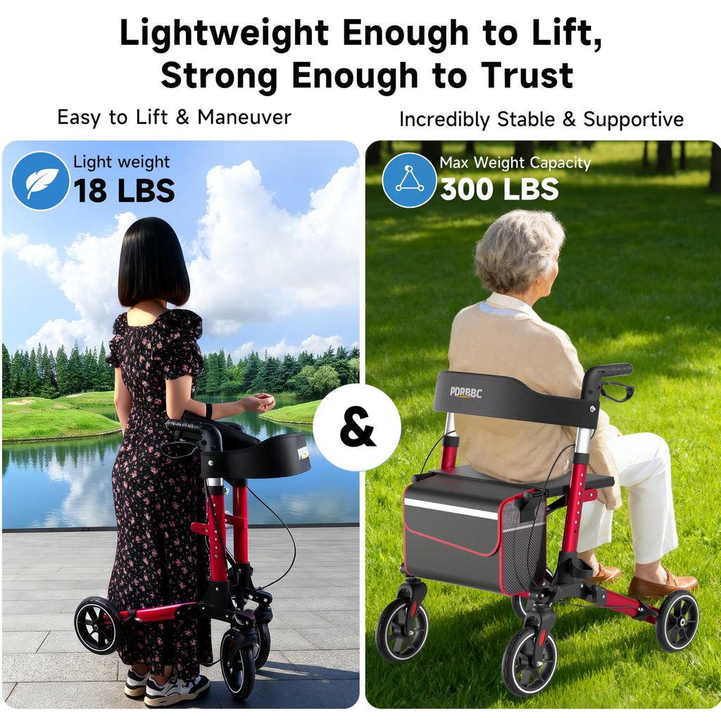 Red Foldable Lightweight Aluminum Rollator Walker with Seat and Brakes N402