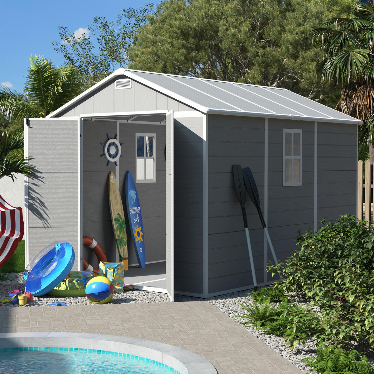 Plastic Storage Shed 7.5x10FT Grey White C635