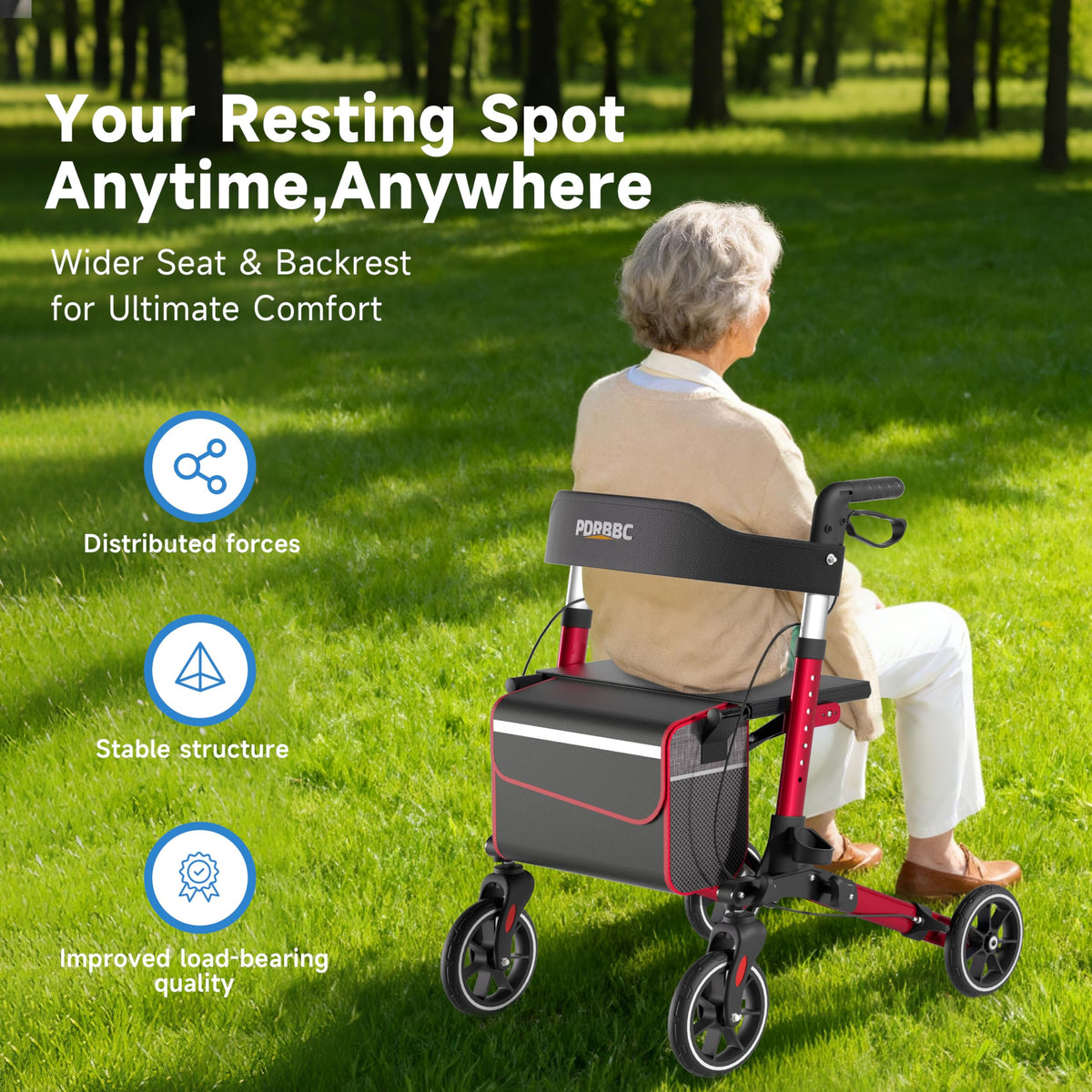Red Foldable Lightweight Aluminum Rollator Walker with Seat and Brakes N402