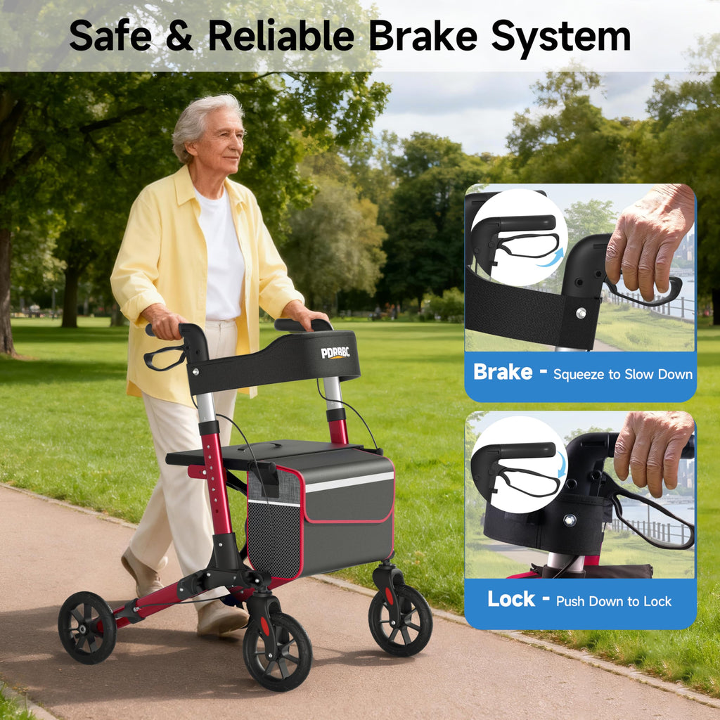Red Foldable Lightweight Aluminum Rollator Walker with Seat and Brakes N402