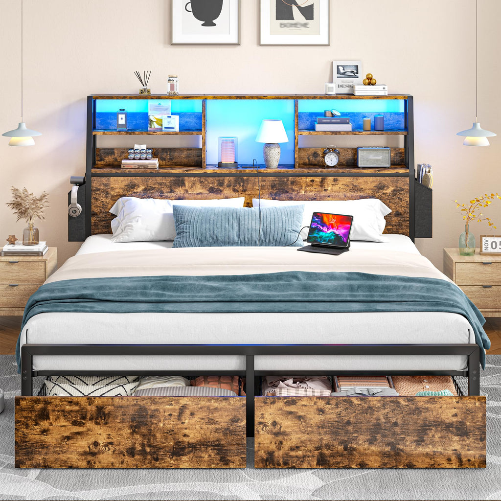 Queen Bed Frame with Storage Headboard and 2 Drawers G9653